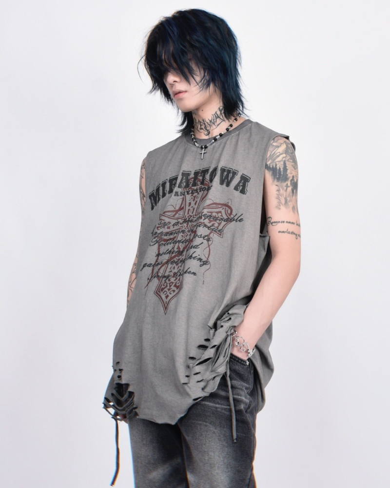 Street Distressed Washed Raw-Hem Sleeveless Shirt