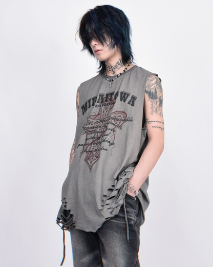 Street Distressed Washed Raw-Hem Sleeveless Shirt