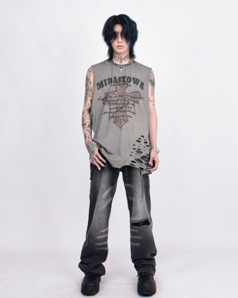 Street Distressed Washed Raw-Hem Sleeveless Shirt
