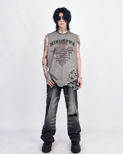 Street Distressed Washed Raw-Hem Sleeveless Shirt