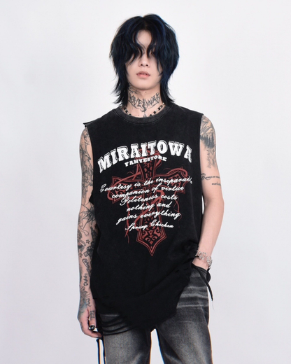 Street Distressed Washed Raw-Hem Sleeveless Shirt