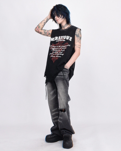 Street Distressed Washed Raw-Hem Sleeveless Shirt