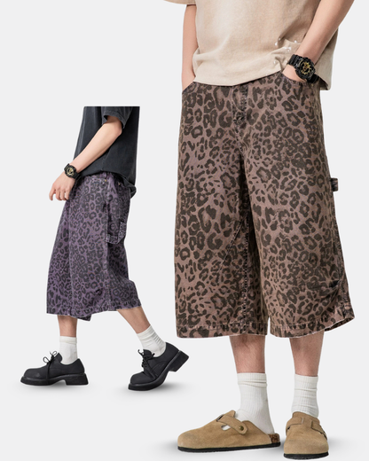 Street Leopard Unisex Denim-Look Shorts | Baggy Jorts