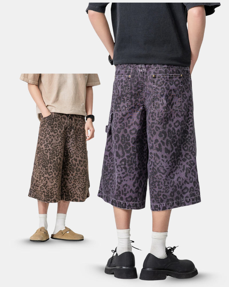 Street Leopard Unisex Denim-Look Shorts | Baggy Jorts