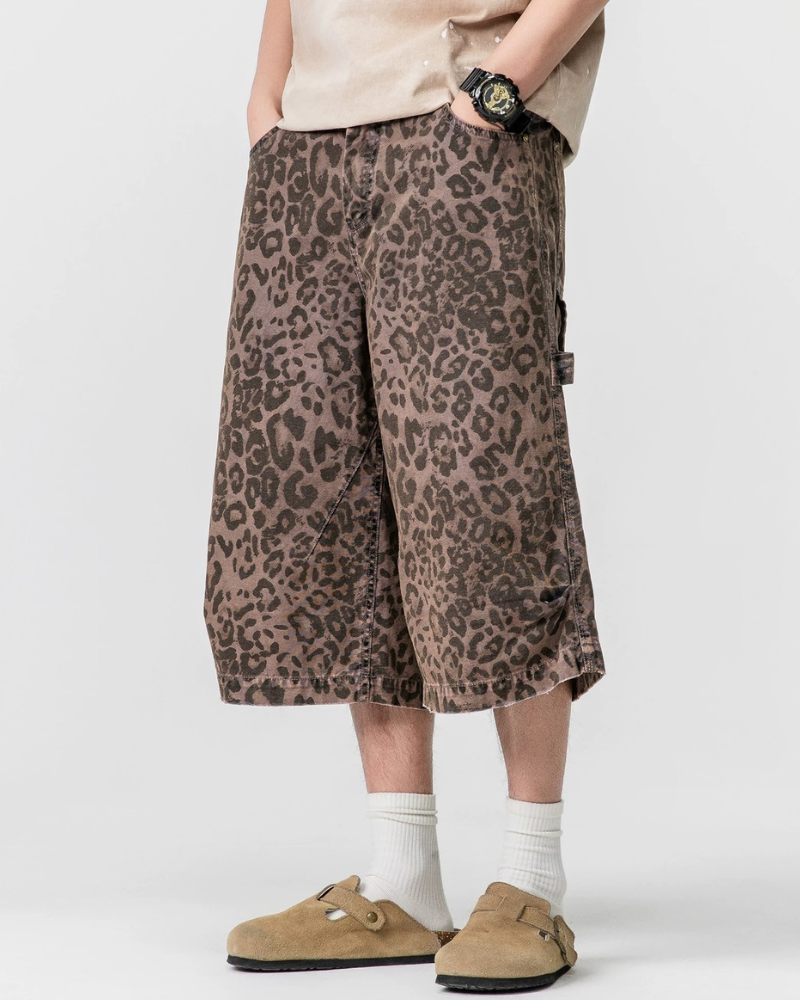 Street Leopard Unisex Denim-Look Shorts | Baggy Jorts
