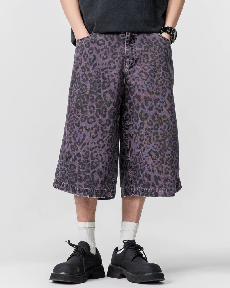 Street Leopard Unisex Denim-Look Shorts | Baggy Jorts