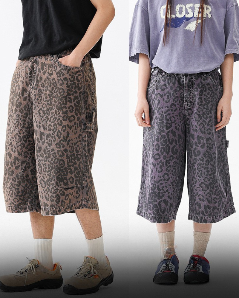 Street Leopard Unisex Denim-Look Shorts | Baggy Jorts