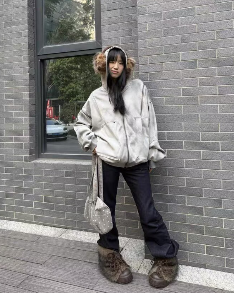 Street Style Washed “Dirty-Dye” Zip-Up Hoodie Jacket