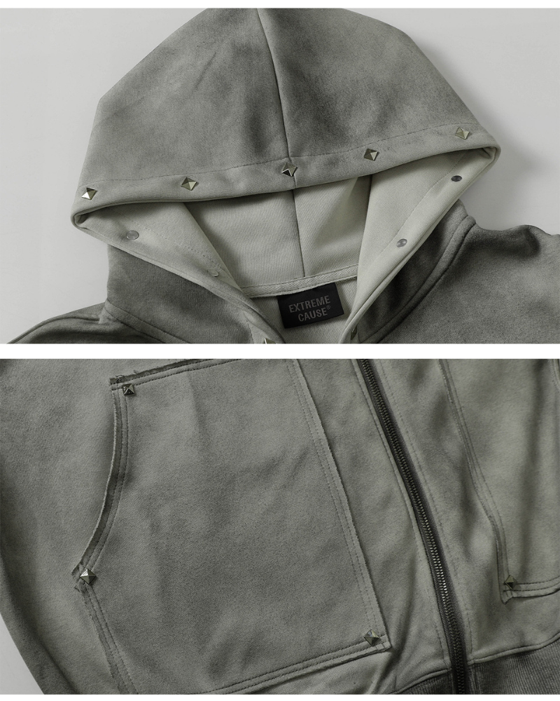 Street Style Washed “Dirty-Dye” Zip-Up Hoodie Jacket