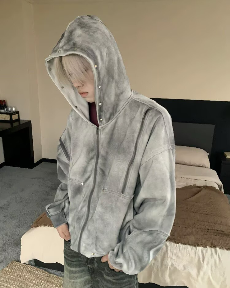 Street Style Washed “Dirty-Dye” Zip-Up Hoodie Jacket
