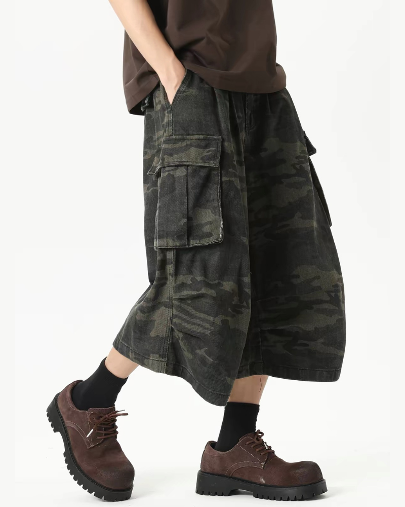 Street Deconstructed Washed Cargo Camo Jorts