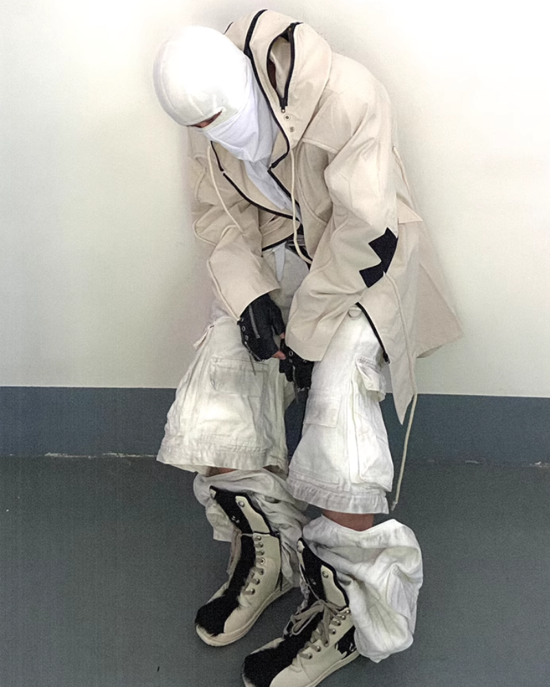 Street Drawstring Pleated Balaclava Hooded Trench Coat