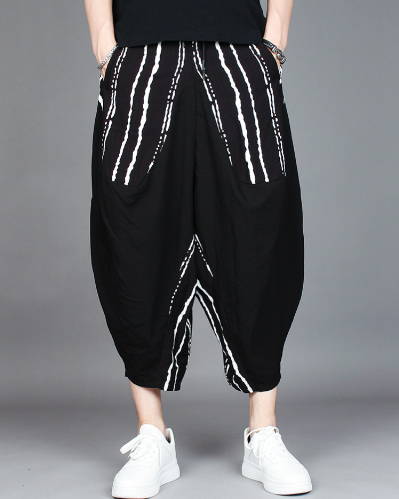 Streetwear Contrast Color Harem Crop Hakama Pants