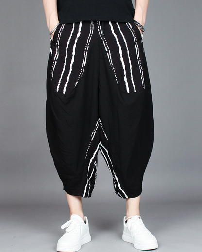 Streetwear Contrast Color Harem Crop Hakama Pants