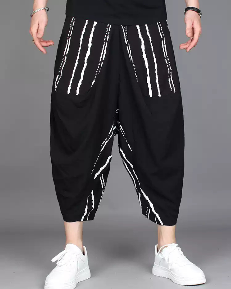 Streetwear Contrast Color Harem Crop Hakama Pants