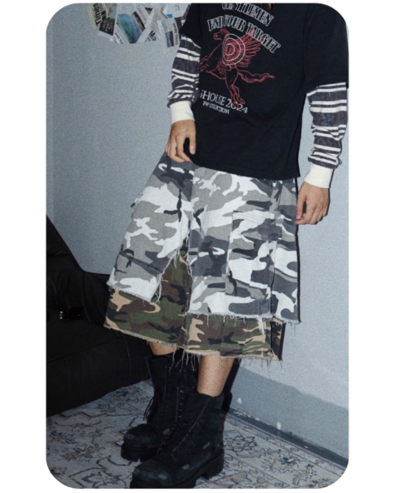 Streetwear Layered Baggy Gray Camo Jorts
