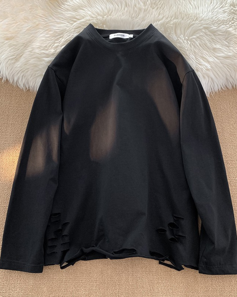 Streetwear Ripped Casual Base Layer Long Sleeve T-Shirt