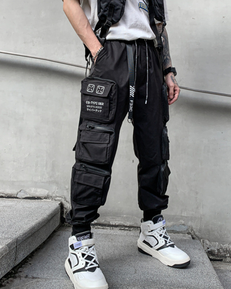 Streetwear Slim Fit Multi-Pocket Black Cargo Pants