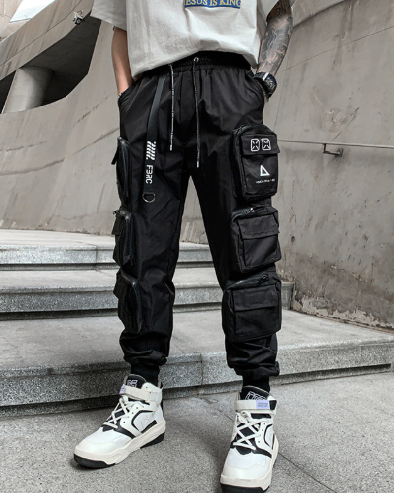 Streetwear Slim Fit Multi-Pocket Black Cargo Pants