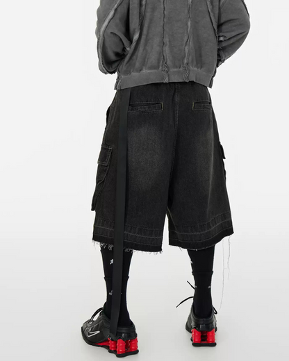Streetwear Washed Raw Edge Cargo Baggy Jorts