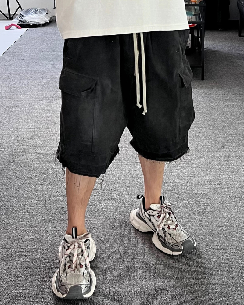 Streetwear Washed Raw Edge Cargo Baggy Jorts