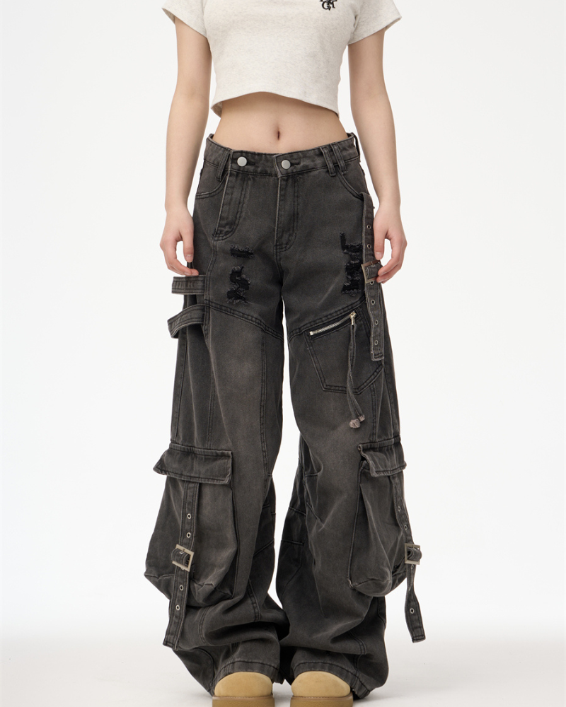 Streetwear Washed Ripped Women Denim Cargo Pants