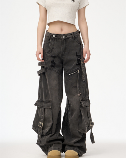 Streetwear Washed Ripped Women Denim Cargo Pants