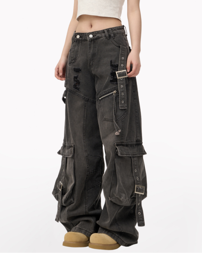 Streetwear Washed Ripped Women Denim Cargo Pants