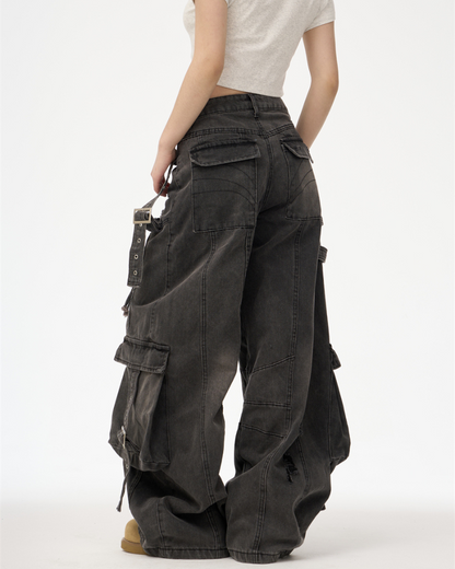 Streetwear Washed Ripped Women Denim Cargo Pants