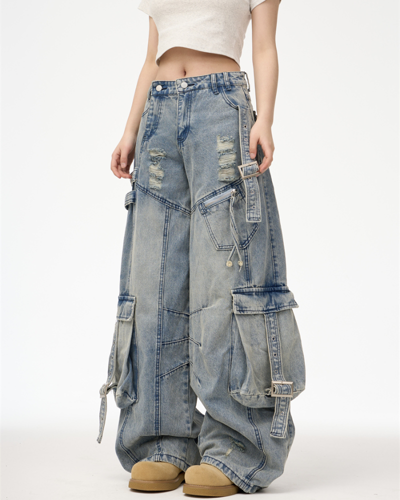 Streetwear Washed Ripped Women Denim Cargo Pants