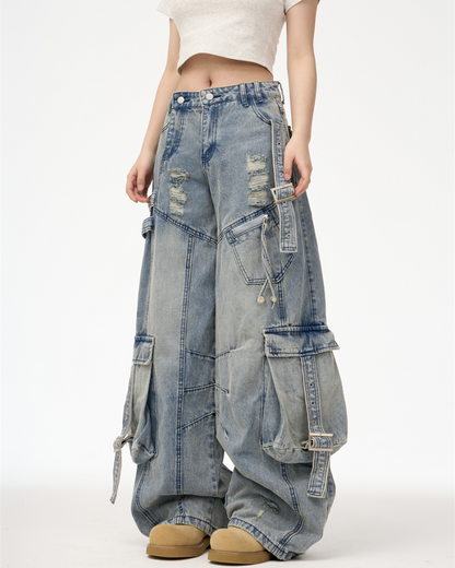 Streetwear Washed Ripped Women Denim Cargo Pants