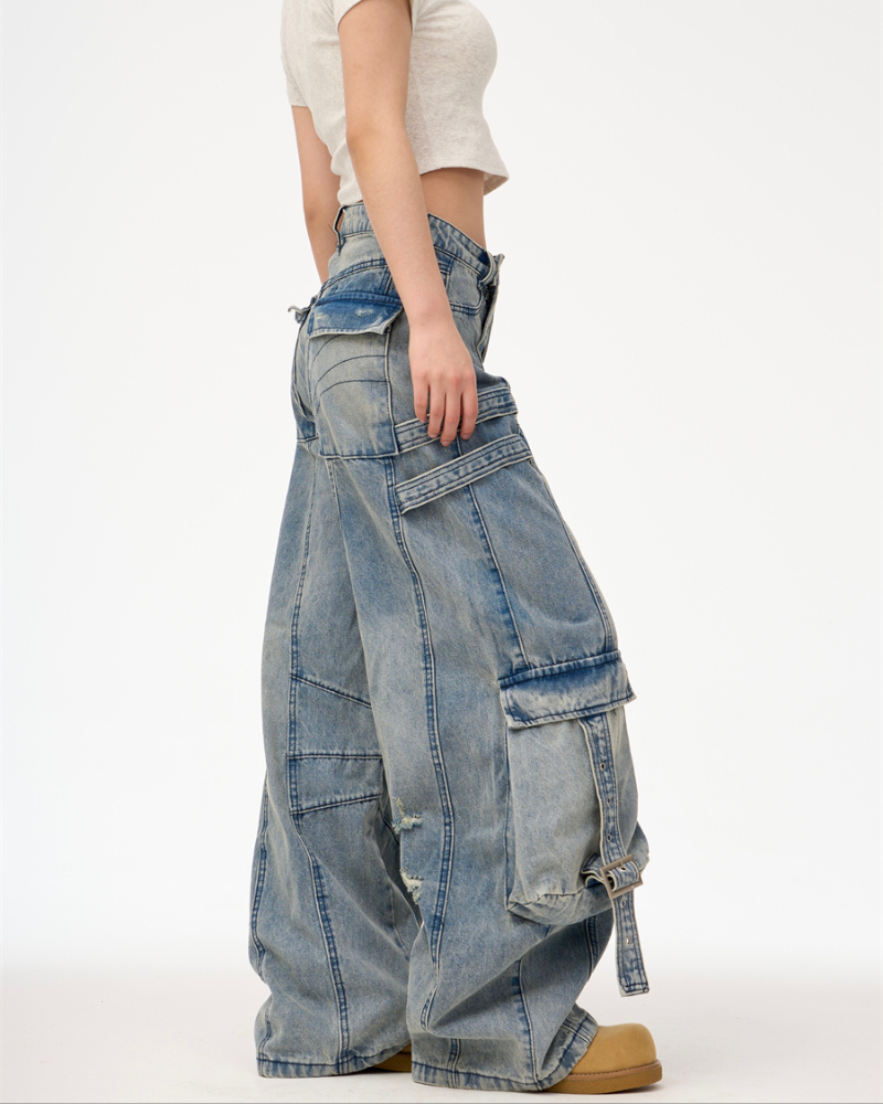 Streetwear Washed Ripped Women Denim Cargo Pants