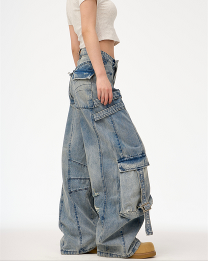 Streetwear Washed Ripped Women Denim Cargo Pants