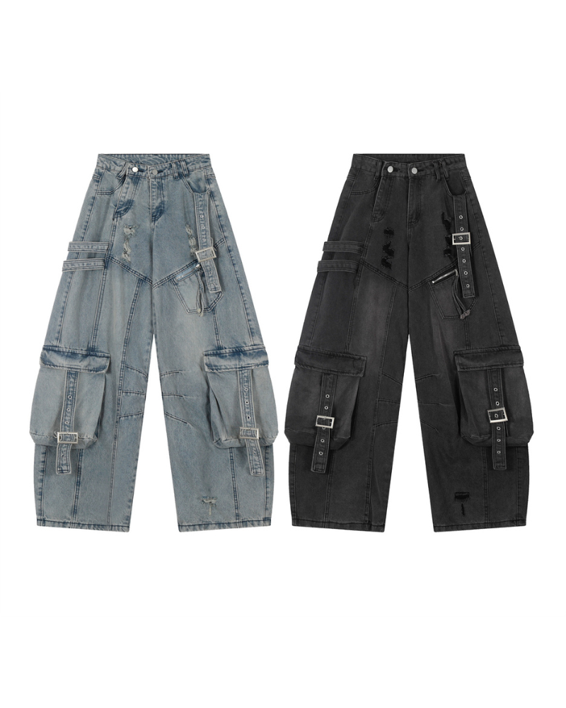 Streetwear Washed Ripped Women Denim Cargo Pants