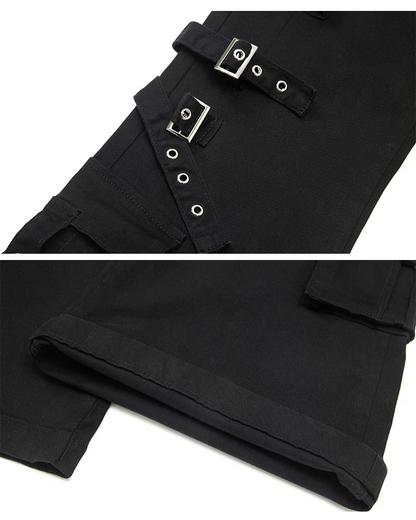 Streetwear Women Buckle Strap Flared Cargo Pants