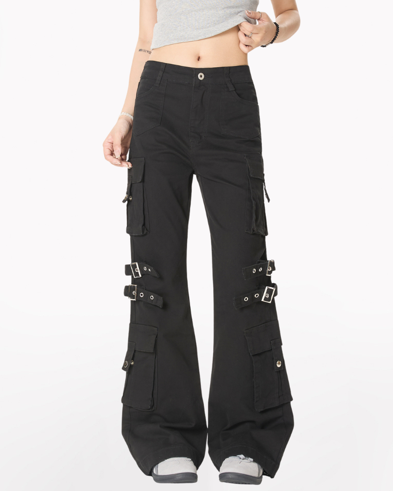 Streetwear Women Buckle Strap Flared Cargo Pants