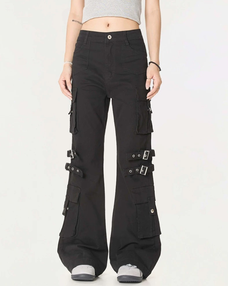 Streetwear Women Buckle Strap Flared Cargo Pants