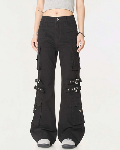 Streetwear Women Buckle Strap Flared Cargo Pants