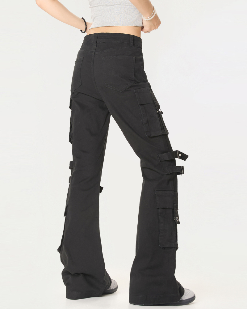Streetwear Women Buckle Strap Flared Cargo Pants