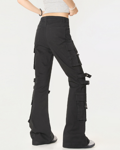Streetwear Women Buckle Strap Flared Cargo Pants