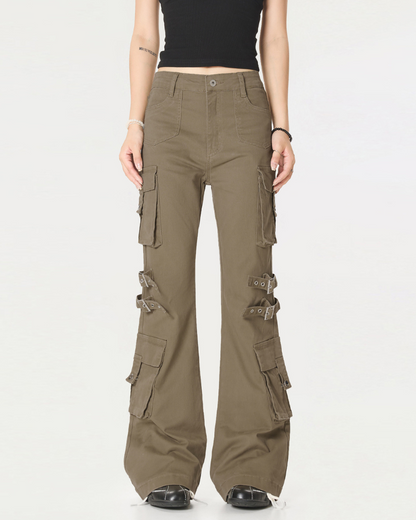Streetwear Women Buckle Strap Flared Cargo Pants