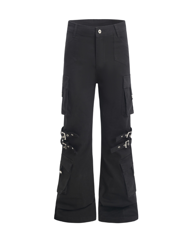 Streetwear Women Buckle Strap Flared Cargo Pants