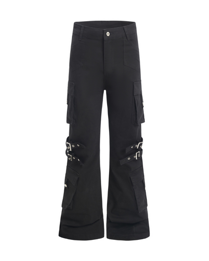 Streetwear Women Buckle Strap Flared Cargo Pants
