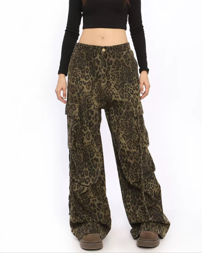 Streetwear Women’s High-Waist Cargo Leopard Jeans