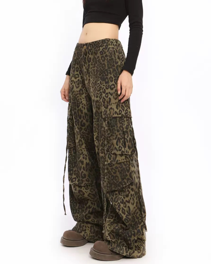 Streetwear Women’s High-Waist Cargo Leopard Jeans