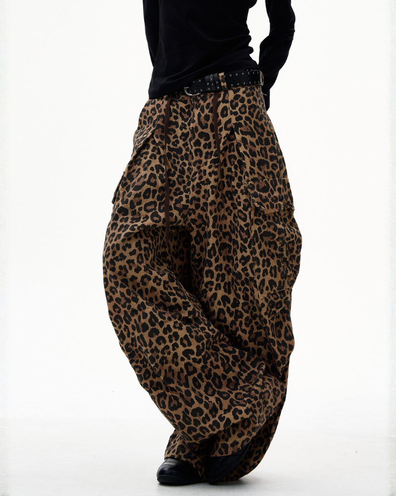 Streetwear Unisex Loose-Fit Cargo Leopard Jeans