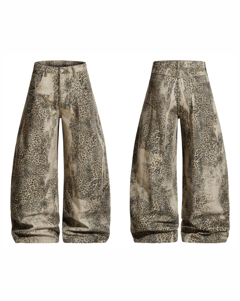 Streetwear Unisex Loose-Fit Curved-Hem Leopard Jeans