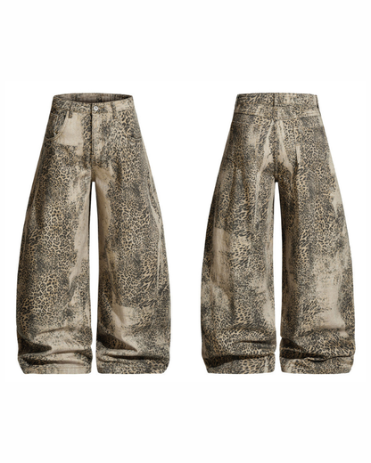 Streetwear Unisex Loose-Fit Curved-Hem Leopard Jeans