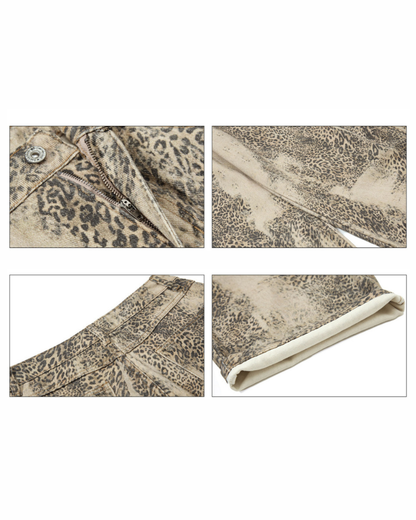 Streetwear Unisex Loose-Fit Curved-Hem Leopard Jeans