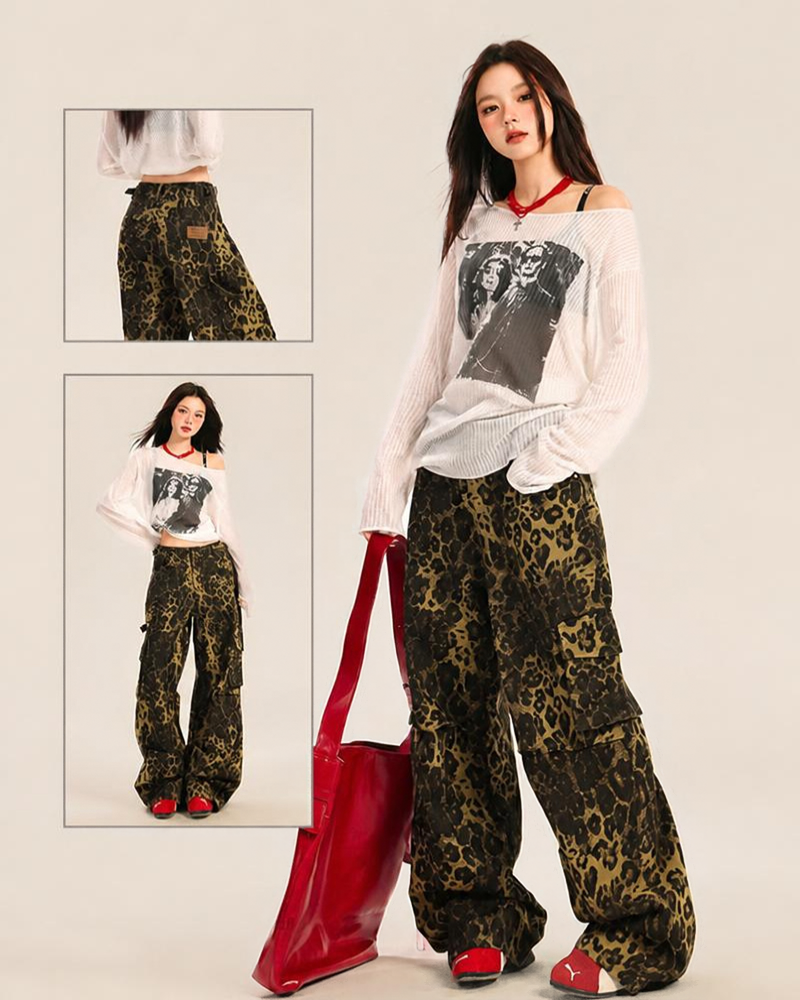 Streetwear Women’s Loose Fit Cargo Leopard Jeans